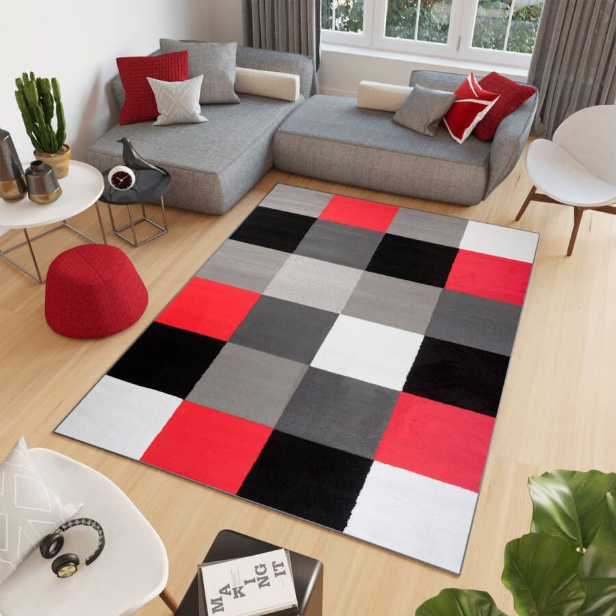 Tapiso Firet Vloerkleed Rood Zwart Grijs Geometrisch Tapijt Maat- 250x350