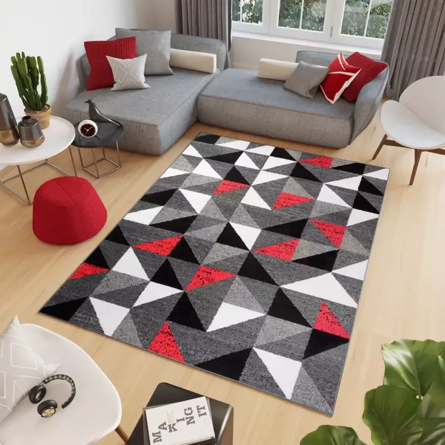 Tapiso Firet Vloerkleed Rood Zwart Rood Grijs Geometrisch Tapijt Maat- 80x150
