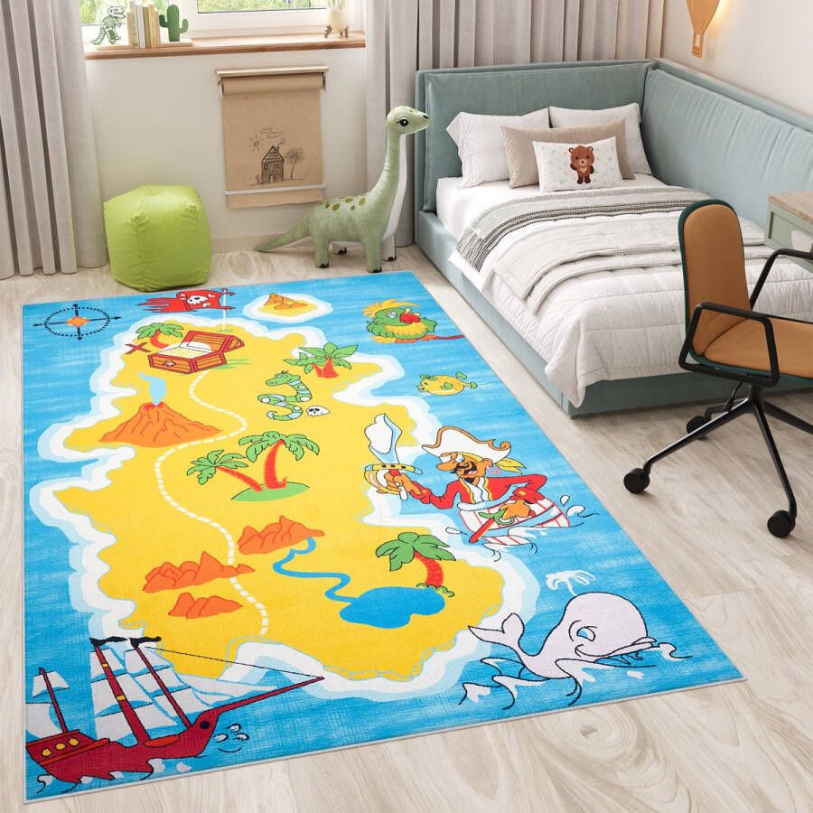 Tapiso Flannel Printed Kindertapijt Antislip Piraat Eiland Kinderkamer Vloerkleed Maat- 80x150