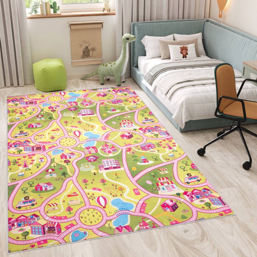 Tapiso Flannel Printed Kindertapijt Antislip Roze Stad Kinderkamer Vloerkleed Maat- 80x150