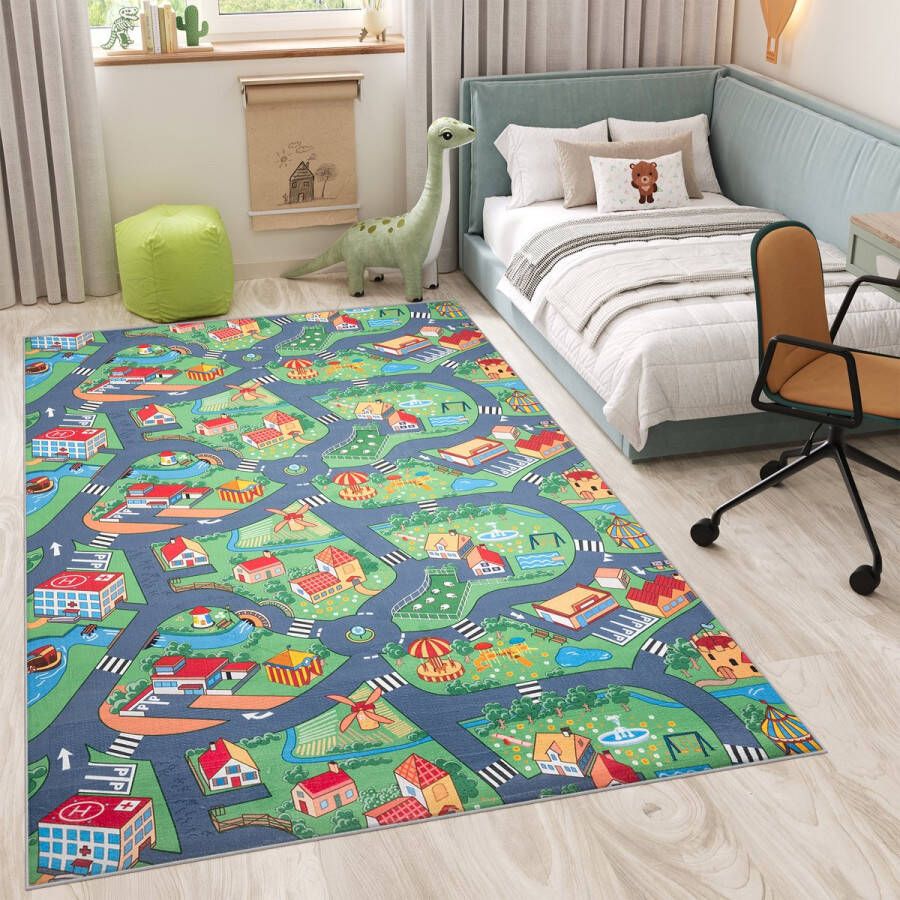 Tapiso Flannel Printed Kindertapijt Antislip Stad Kinderkamer Vloerkleed Maat- 160x230