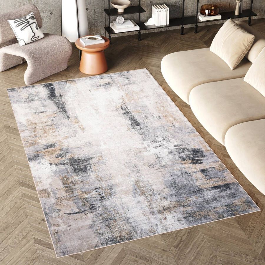 Tapiso Flannel Printed Vloerkleed Abstract Grijs Antislip Wasbaar Tapijt Maat- 200x300