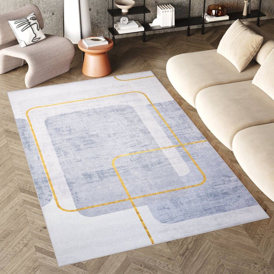 Tapiso Flannel Printed Vloerkleed Blauw Goudkleur Woonkamer Antislip Wasbaar Tapijt Maat- 160x230