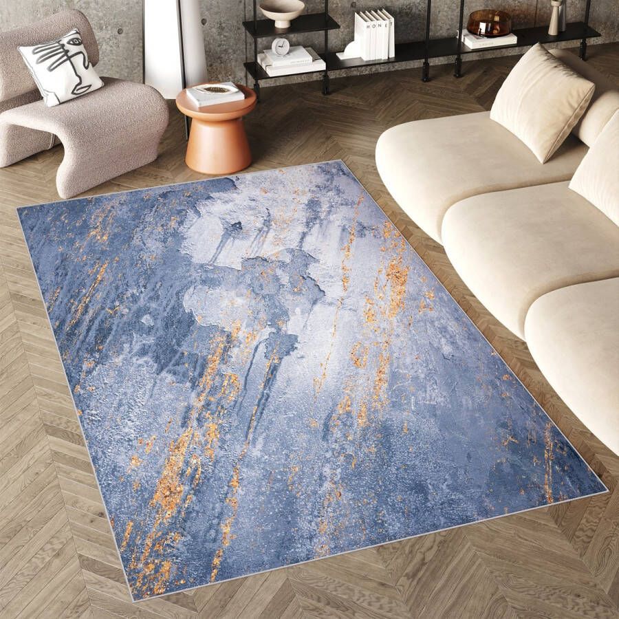 Tapiso Flannel Printed Vloerkleed Blauw Modern Woonkamer Antislip Wasbaar Tapijt Maat- 140x200