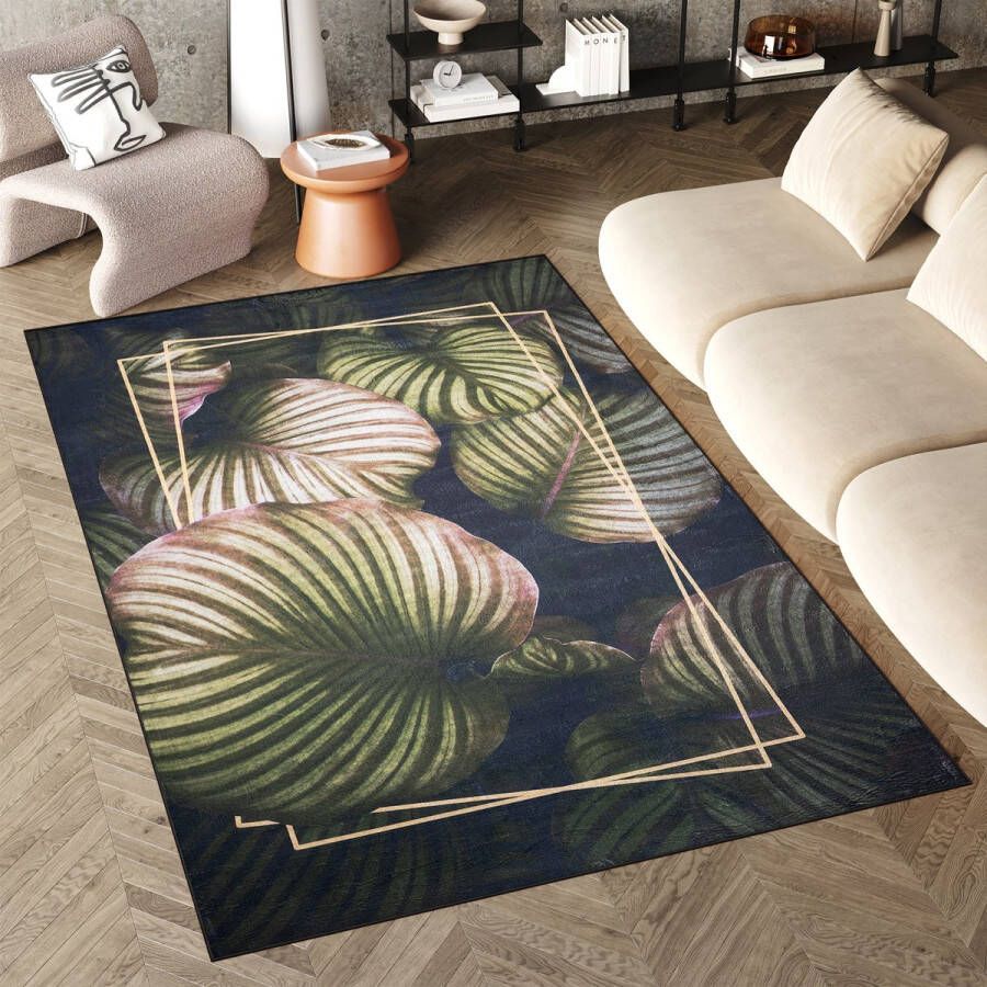 Tapiso Flannel Printed Vloerkleed Botanisch Groen Antislip Wasbaar Tapijt Maat- 200x300