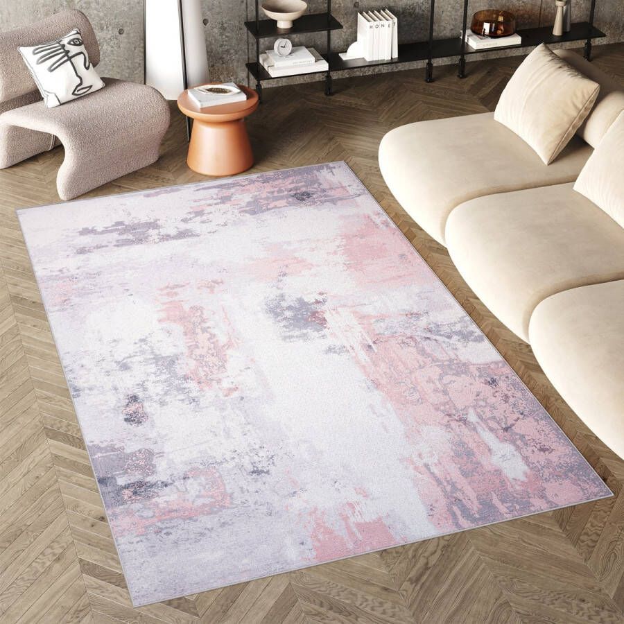 Tapiso Flannel Printed Vloerkleed Roze Modern Abstract Antislip Wasbaar Tapijt Maat- 120x170
