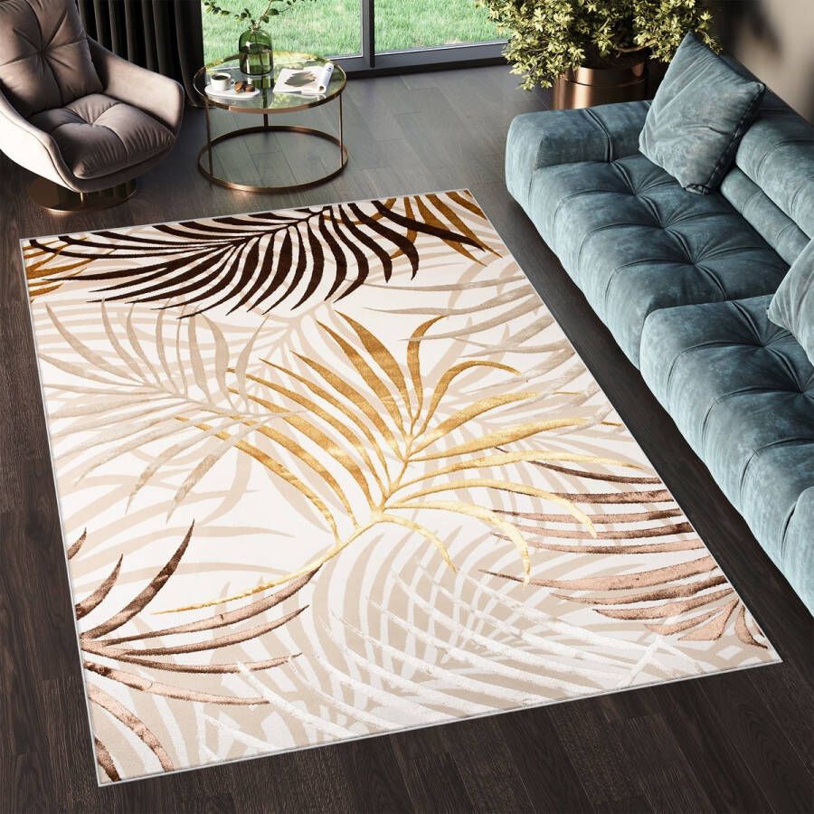 Tapiso Golden Vloerkleed Beige Licht Bruin Bladeren Modern Tapijt Maat- 200x300