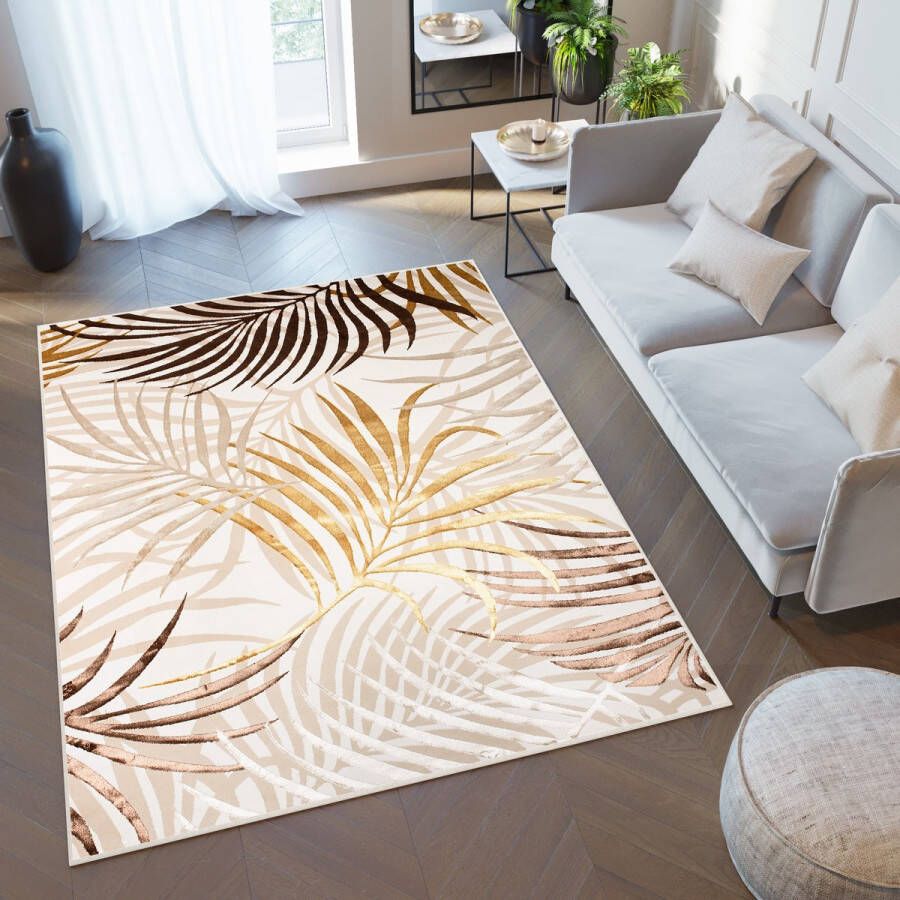 Tapiso Golden Vloerkleed Beige Licht Bruin Bladeren Modern Tapijt Maat- 80x150