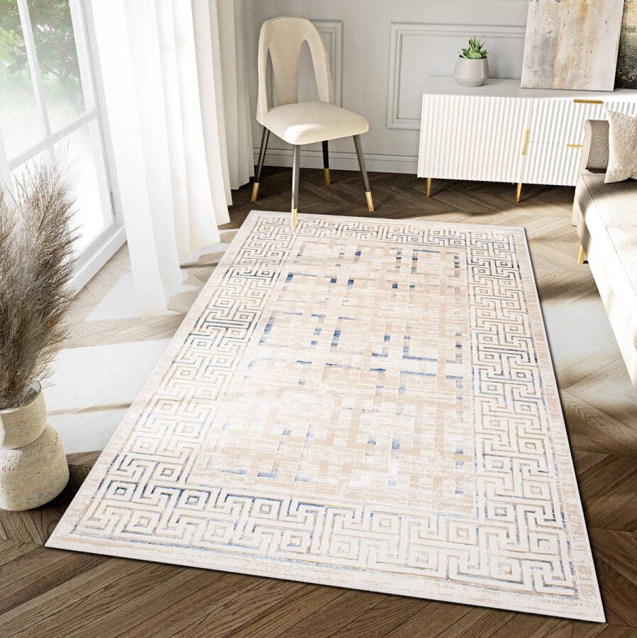 Tapiso Hera Vloerkleed Beige Blauw Modern Zigzag Frame Tapijt Maat- 120x170 - Foto 2
