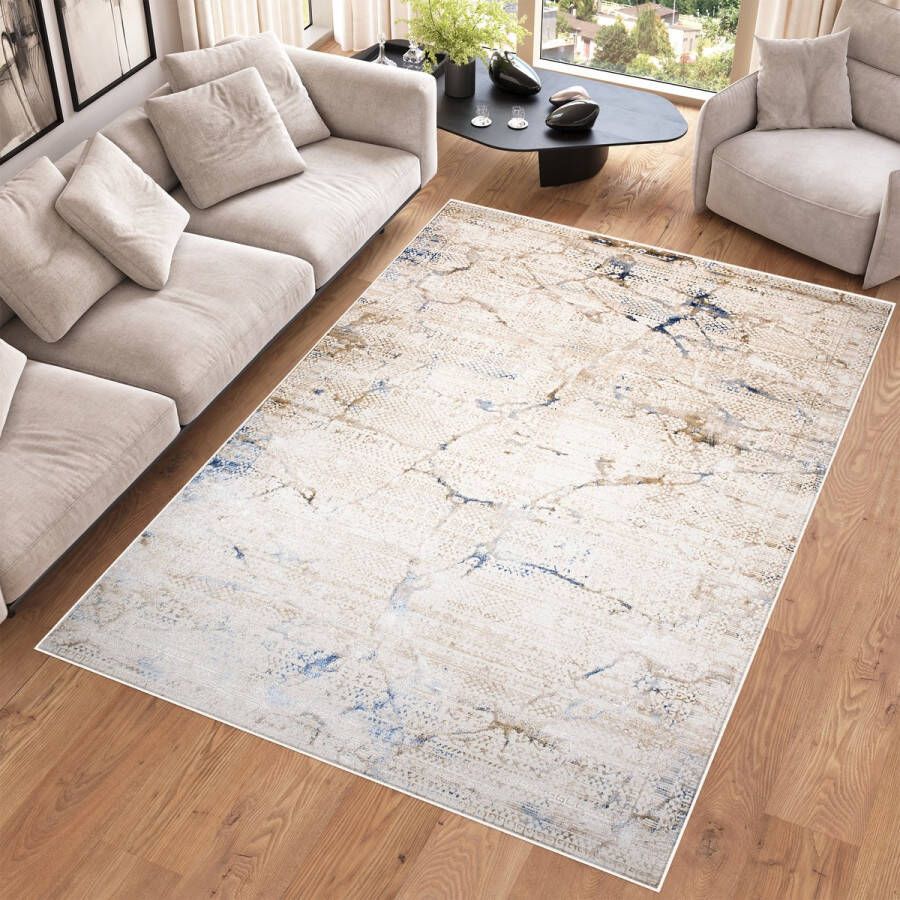 Tapiso Hera Vloerkleed Beige Blauw Woonkamer Gezaagd Modern Tapijt Maat- 140x200