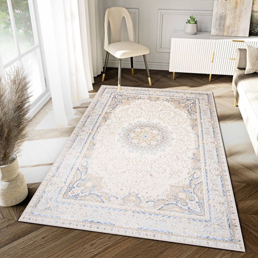 Tapiso Hera Vloerkleed Beige Blauw Woonkamer Licht Vintage Frame Tapijt Maat- 120x170