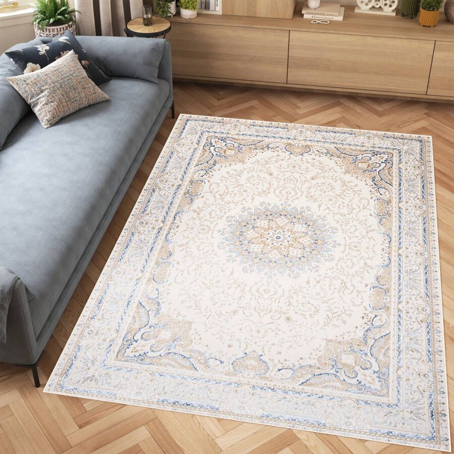 Tapiso Hera Vloerkleed Beige Blauw Woonkamer Licht Vintage Frame Tapijt Maat- 140x200