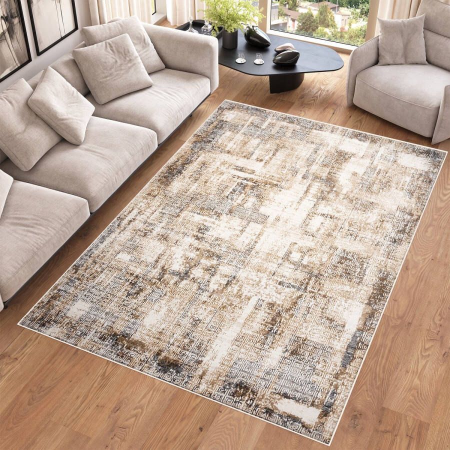 Tapiso Hera Vloerkleed Beige Bruin Laagpolig Woonkamer Gewreven Tapijt Maat- 140x200