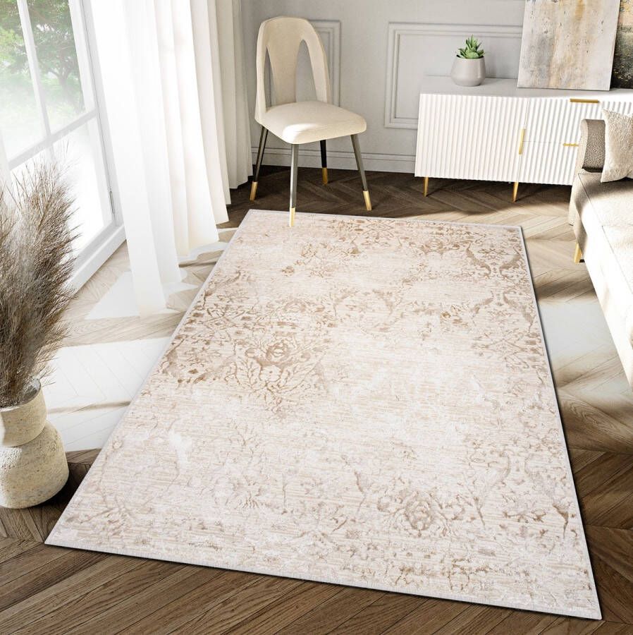 Tapiso Hera Vloerkleed Beige Creme Modern Stijvol Bloemen Tapijt Maat- 120x170