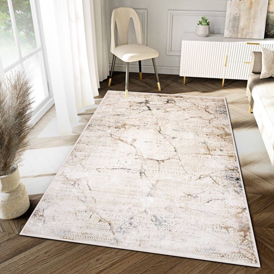 Tapiso Hera Vloerkleed Beige Gezaagd Modern Binnenkleed Tapijt Maat- 140x200