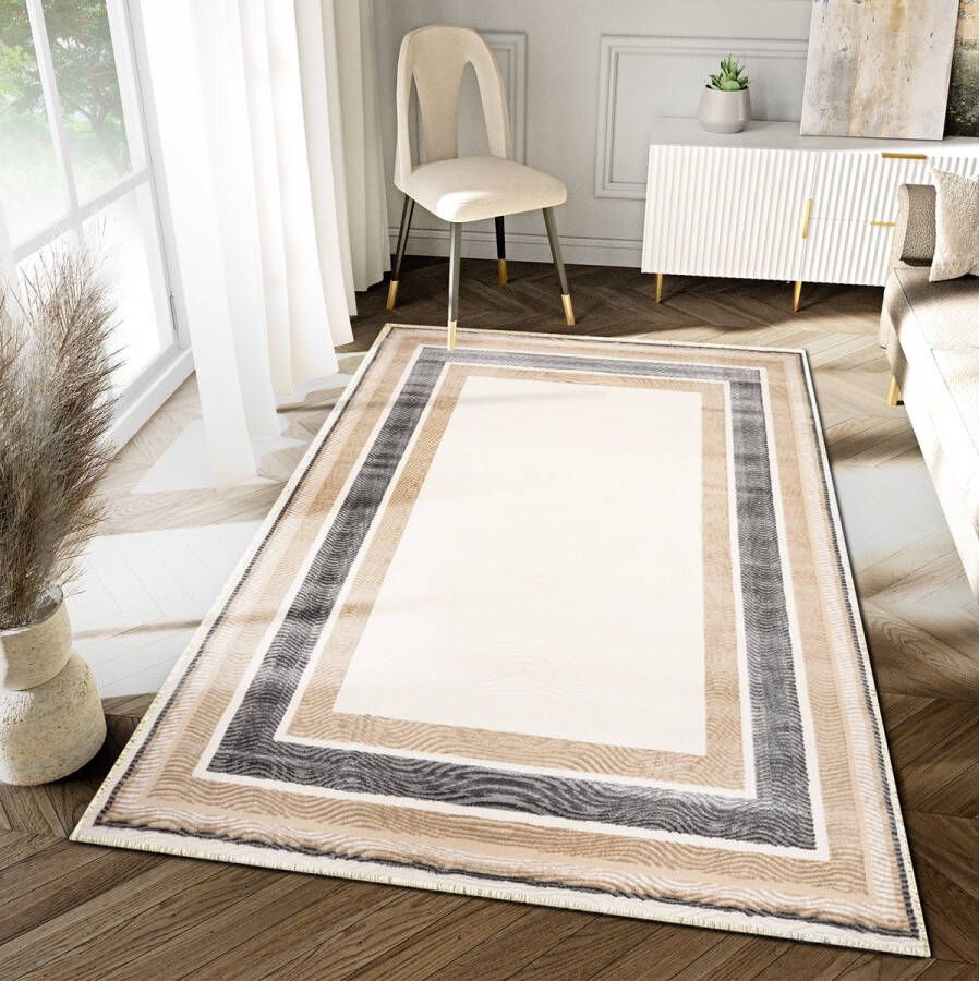 Tapiso Hera Vloerkleed Beige Grijs Laagpolig Woonkamer Frame Tapijt Maat- 140x200