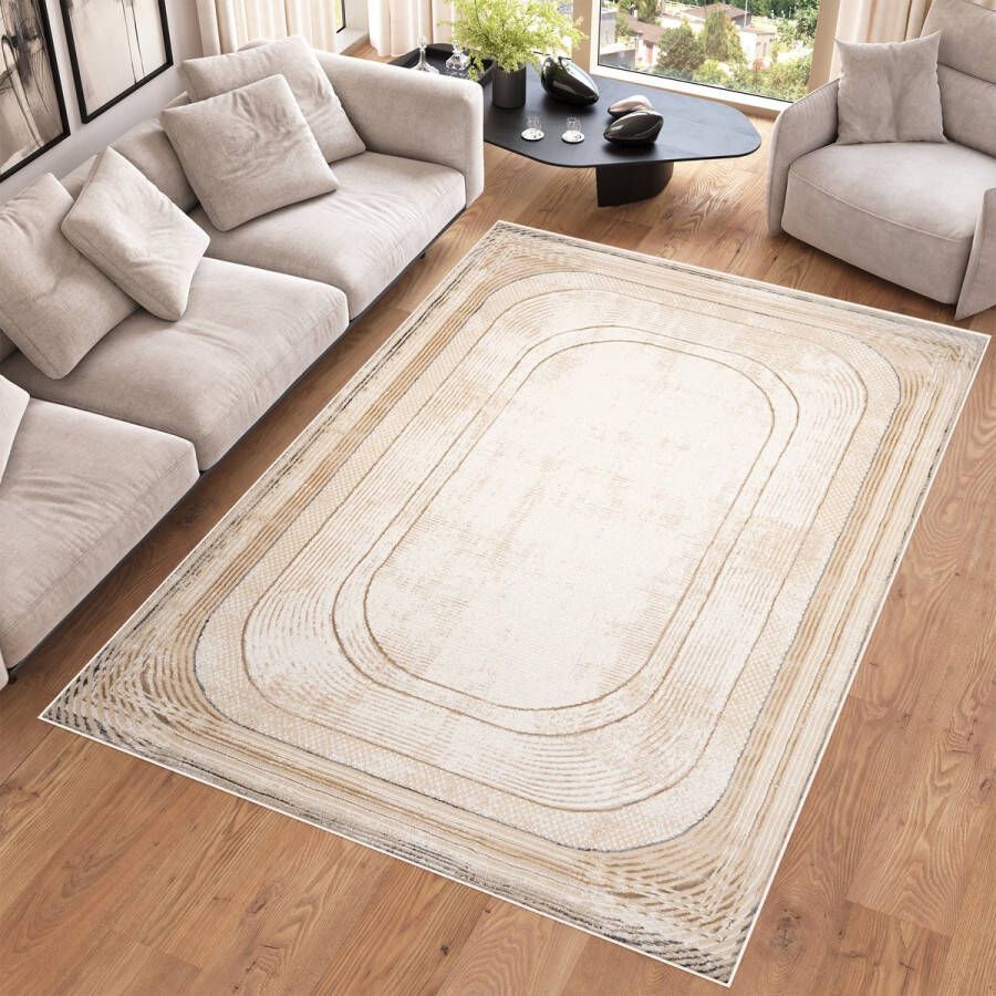 Tapiso Hera Vloerkleed Beige Laagpolig Woonkamer Lijnen Tapijt Maat- 140x200