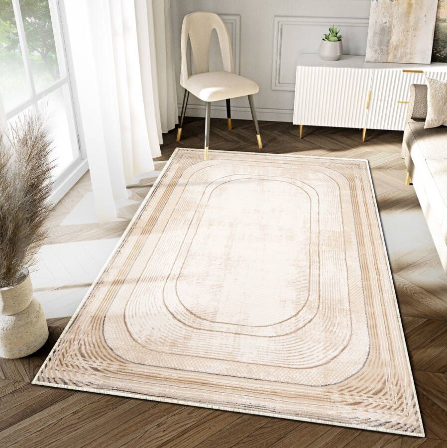 Tapiso Hera Vloerkleed Beige Laagpolig Woonkamer Lijnen Tapijt Maat- 140x200