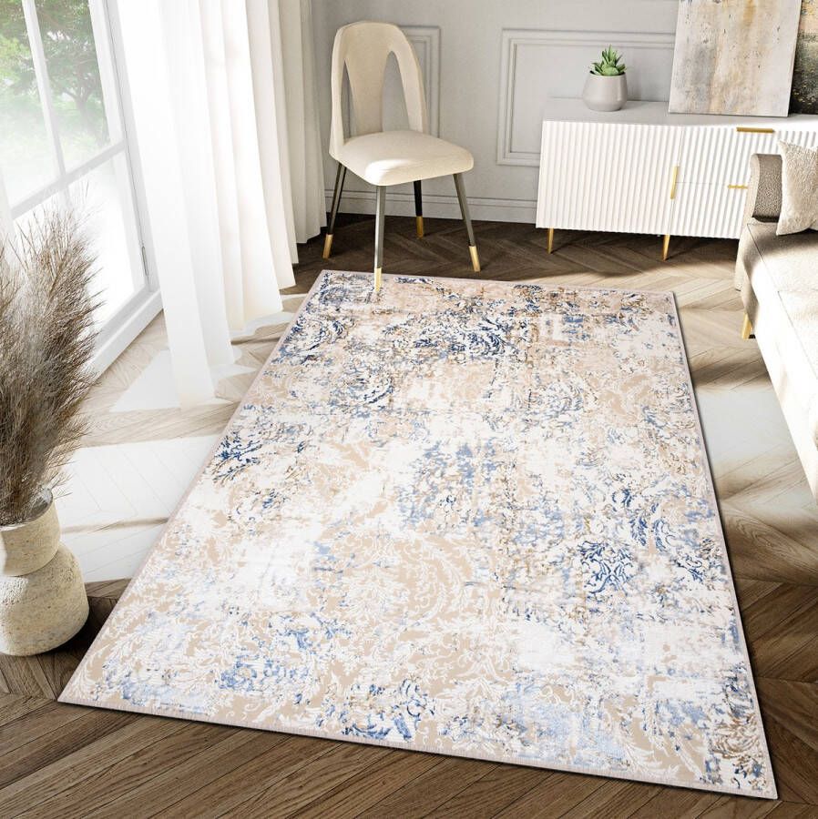 Tapiso Hera Vloerkleed Beige Woonkamer Blauw Gezaagd Tapijt Maat- 120x170