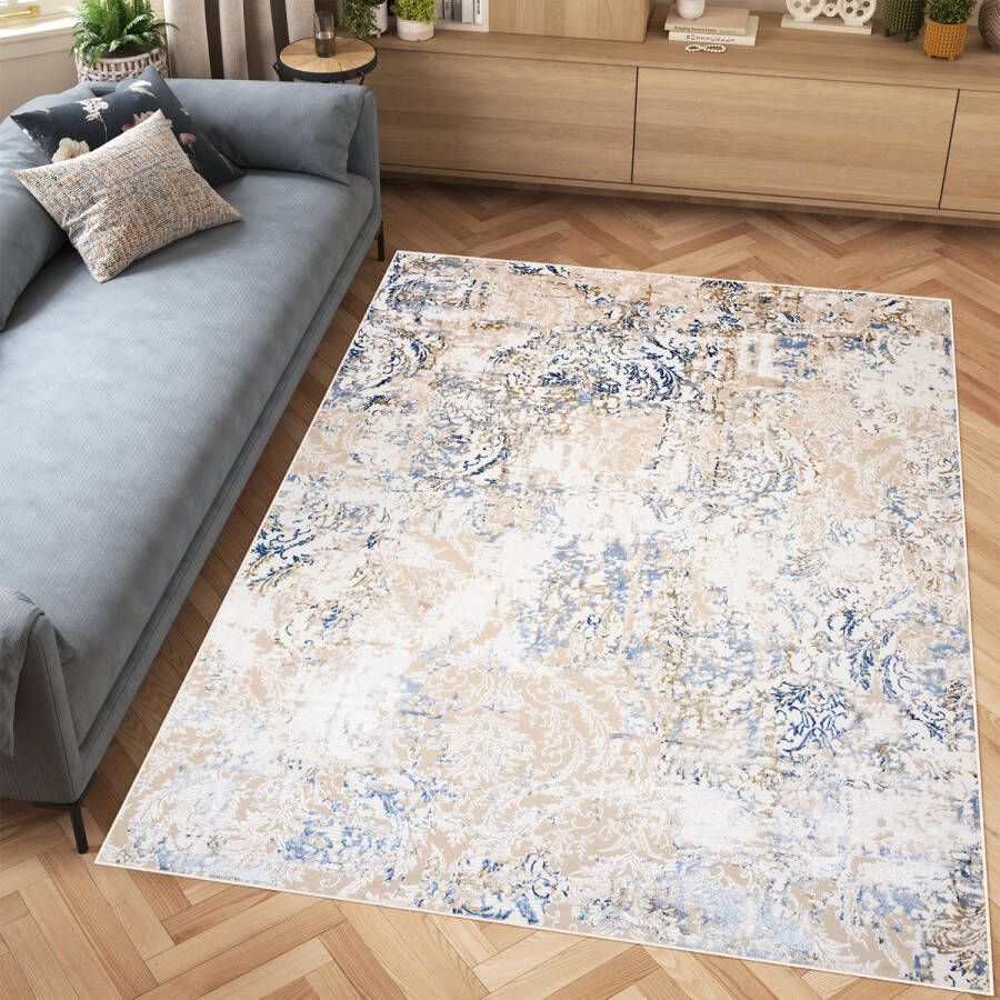 Tapiso Hera Vloerkleed Beige Woonkamer Blauw Gezaagd Tapijt Maat- 120x170