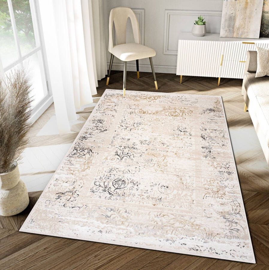 Tapiso Hera Vloerkleed Beige Woonkamer Bloemen Gezaagd Tapijt Maat- 120x170