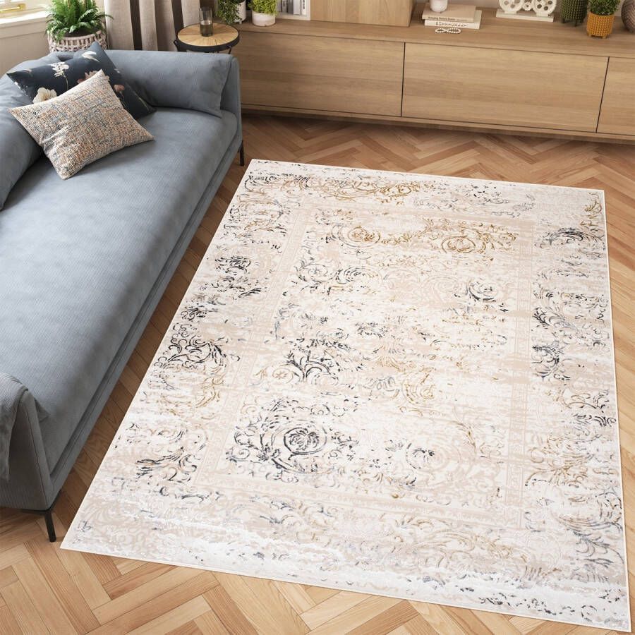 Tapiso Hera Vloerkleed Beige Woonkamer Bloemen Gezaagd Tapijt Maat- 140x200