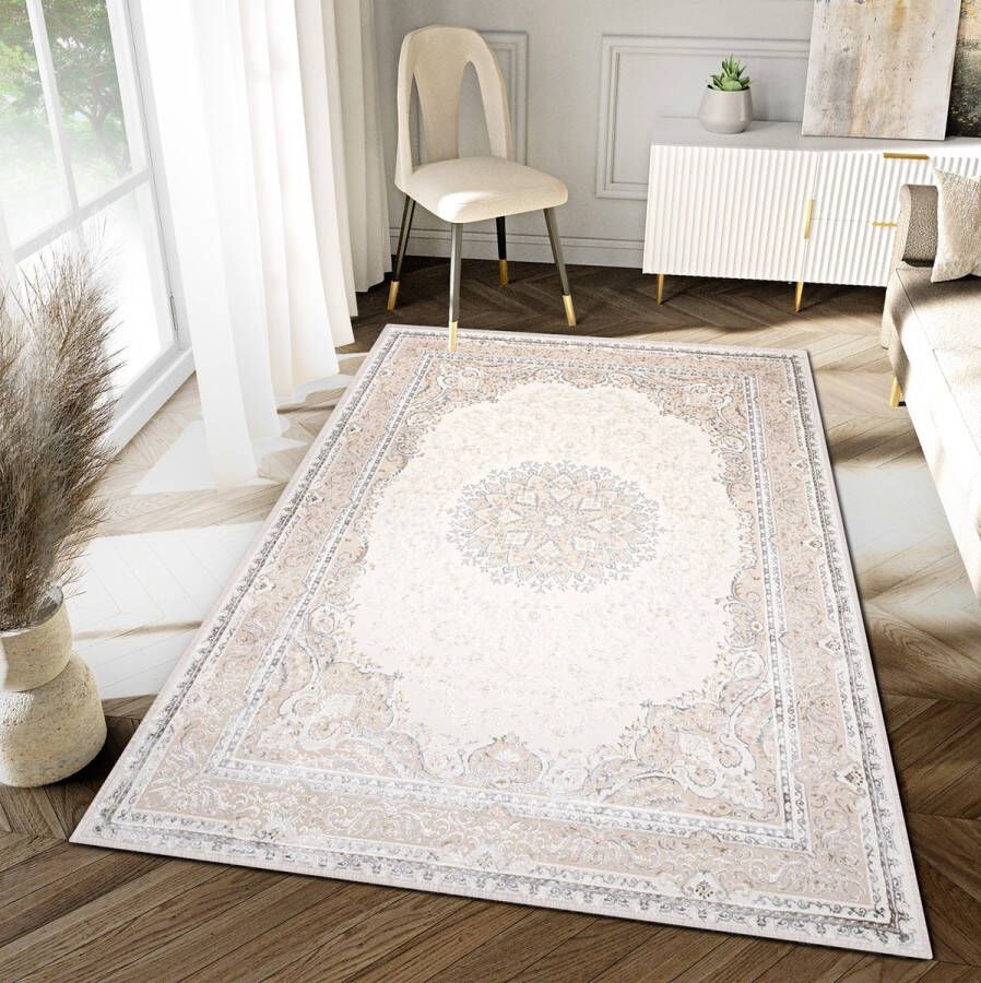 Tapiso Hera Vloerkleed Beige Woonkamer Licht Vintage Frame Tapijt Maat- 120x170