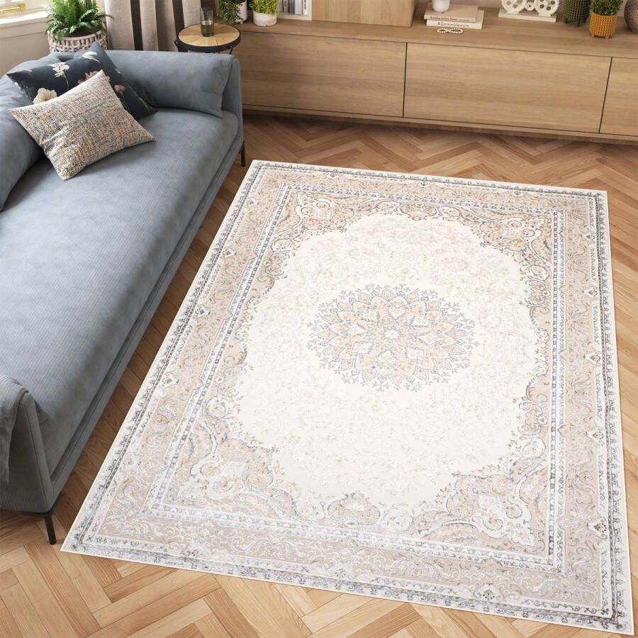 Tapiso Hera Vloerkleed Beige Woonkamer Licht Vintage Frame Tapijt Maat- 80x150