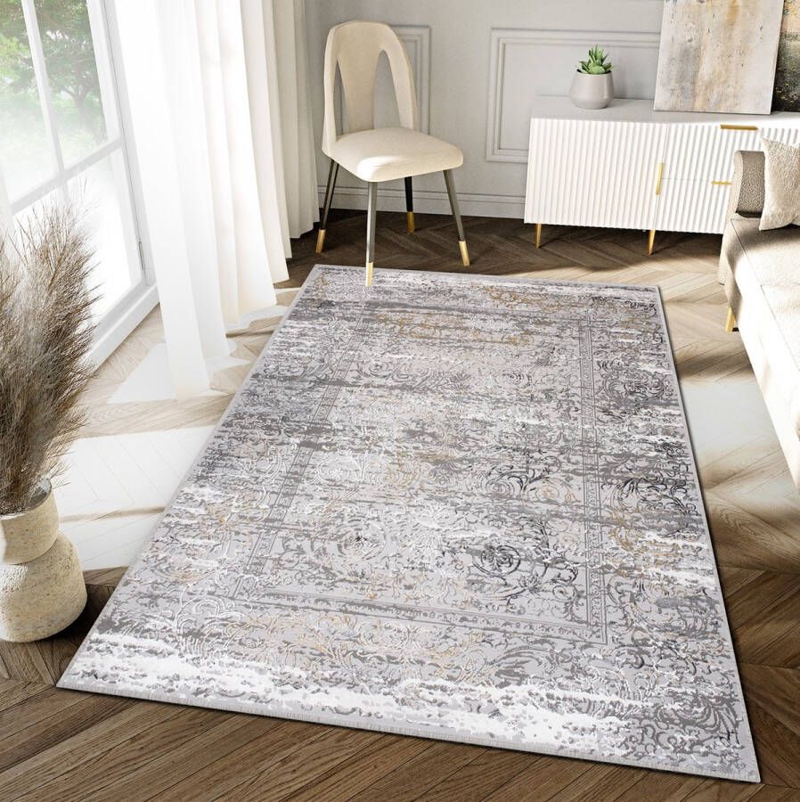 Tapiso Hera Vloerkleed Grijs Woonkamer Bloemen Modern Tapijt Maat- 120x170