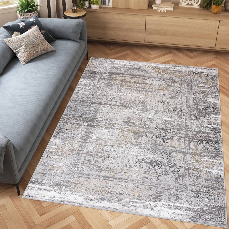 Tapiso Hera Vloerkleed Grijs Woonkamer Bloemen Modern Tapijt Maat- 120x170