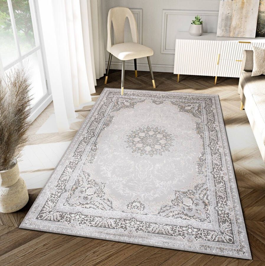 Tapiso Hera Vloerkleed Grijs Woonkamer Licht Vintage Frame Tapijt Maat- 160x230 - Foto 2