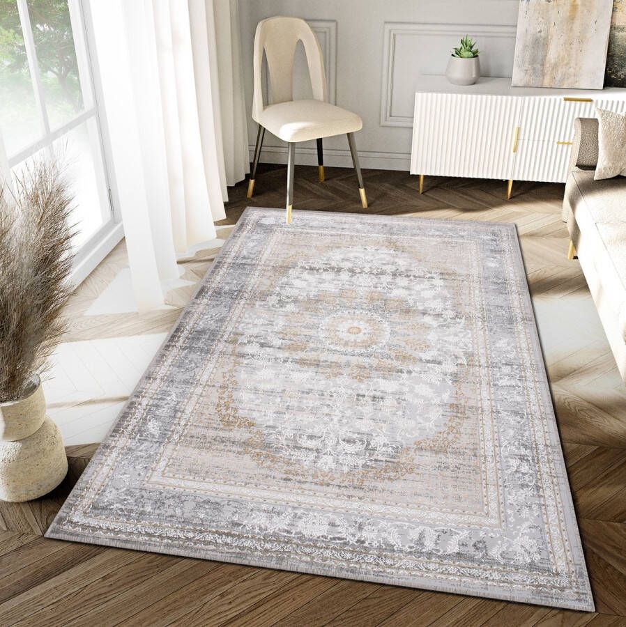 Tapiso Hera Vloerkleed Lichtgrijs Klassiek Frame Woonkamer Tapijt Maat- 160x230 - Foto 2
