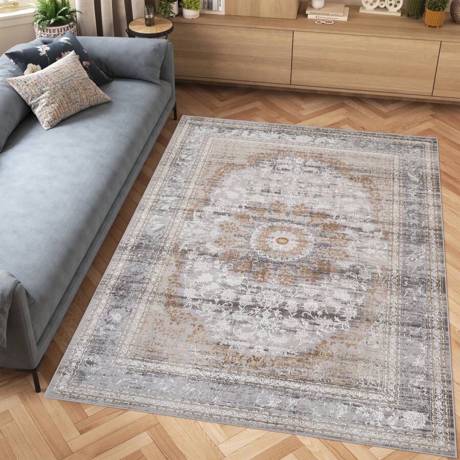 Tapiso Hera Vloerkleed Lichtgrijs Klassiek Frame Woonkamer Tapijt Maat- 160x230