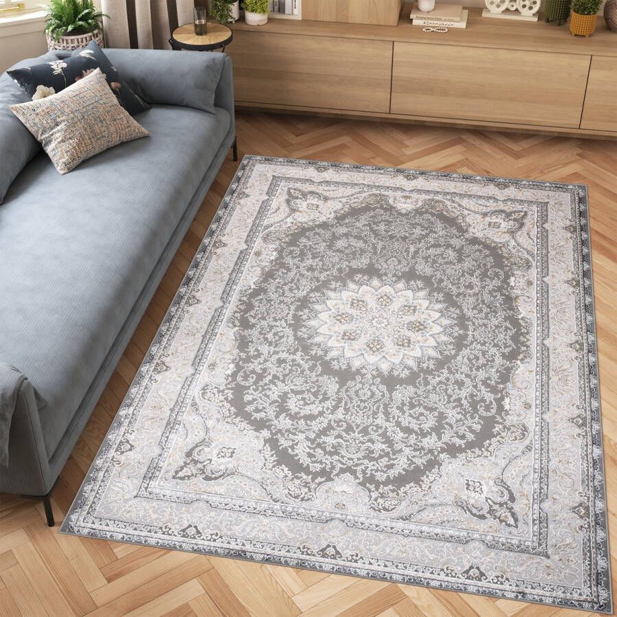 Tapiso Hera Vloerkleed Lichtgrijs Vintage Oosters Tapijt Maat- 140x200