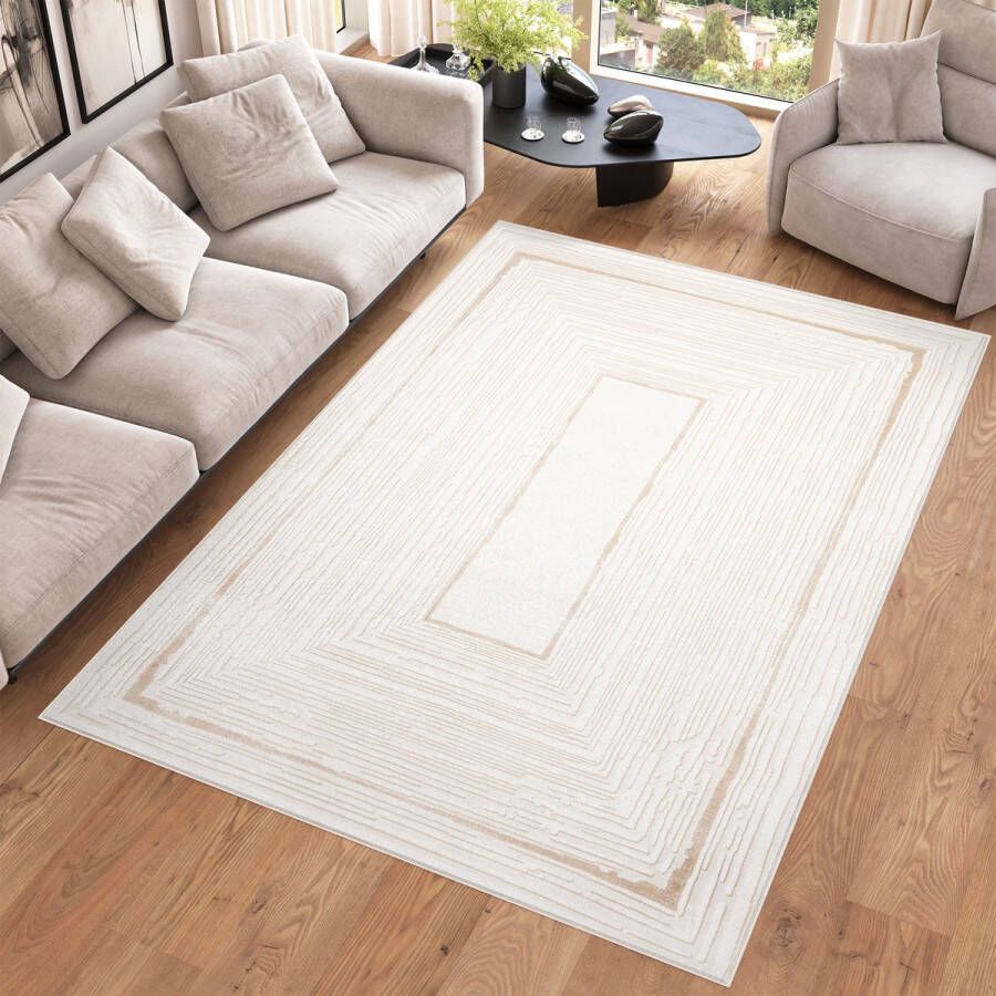 Tapiso Hera Vloerkleed Wit Beige Laagpolig Modern Woonkamer Tapijt Maat- 120x170