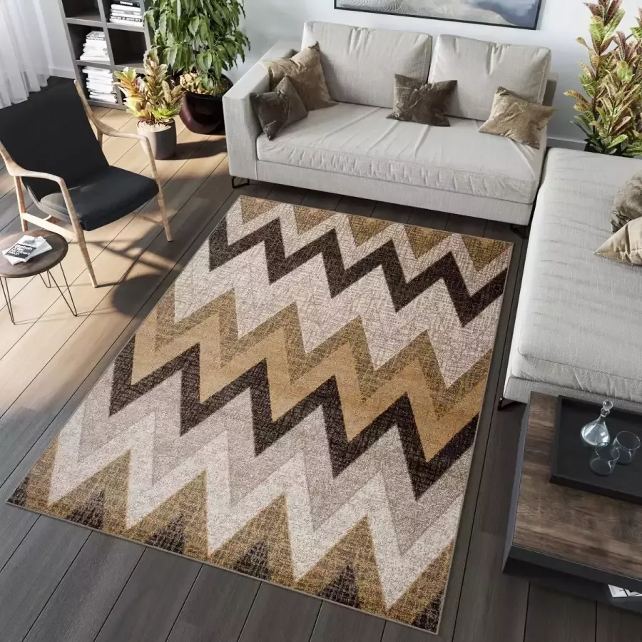 Tapiso Jawa Vloerkleed Beige Bruin Zigzag Woonkamer Tapijt Maat- 160x220