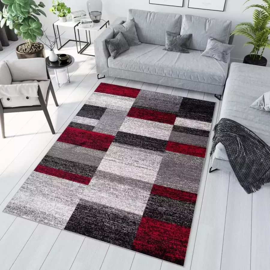 Tapiso Jawa Vloerkleed Grijs Rood Modern Laagpolig Tapijt Maat- 200x290