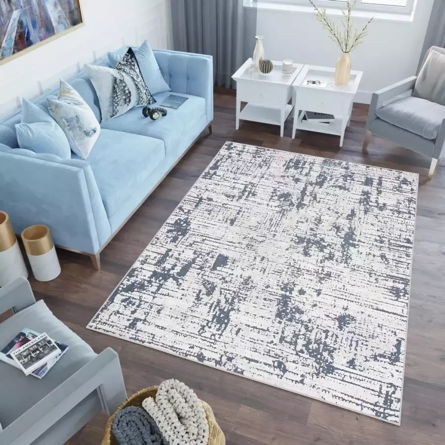 Tapiso Lotus Vloerkleed Woonkamer Slaapkamer Blauw Modern Woonsfeer Sfeervol Interieur Duurzaam Hoogwaardig Tapijt x 170 cm