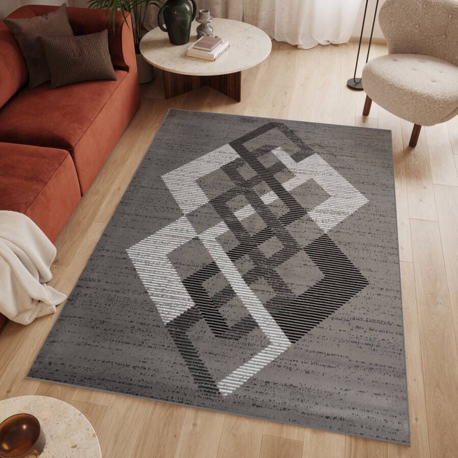 Tapiso Luxury Vloerkleed Grijs Laagpolig Woonkamer Geometrisch Slaapkamer Tapijt Maat- 140x200