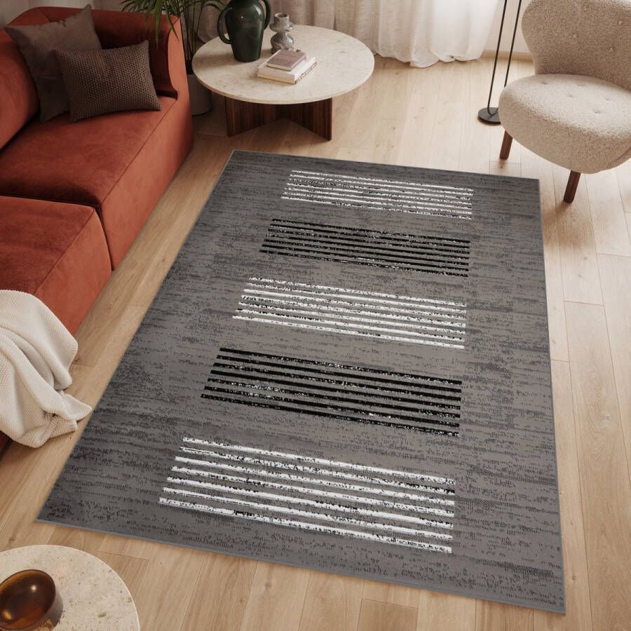 Tapiso Luxury Vloerkleed Grijs Laagpolig Woonkamer Lijnen Slaapkamer Tapijt Maat- 250x300