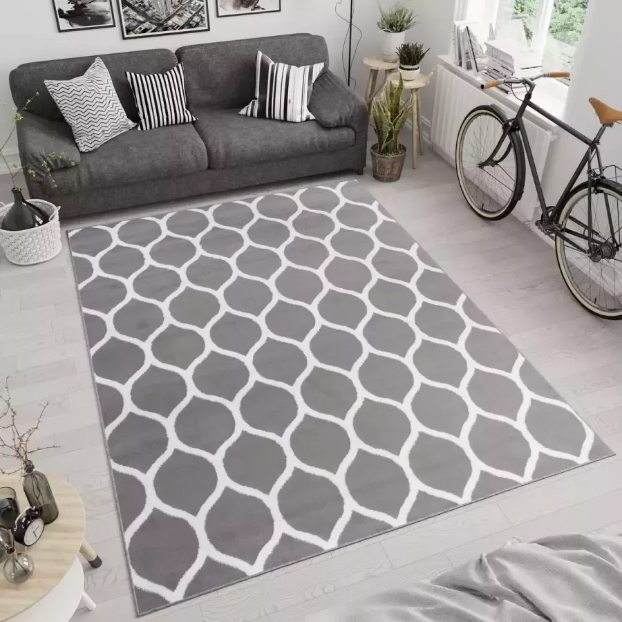 Tapiso Luxury Vloerkleed Grijs Modern Woonkamer Trellis Tapijt Maat- 300x400