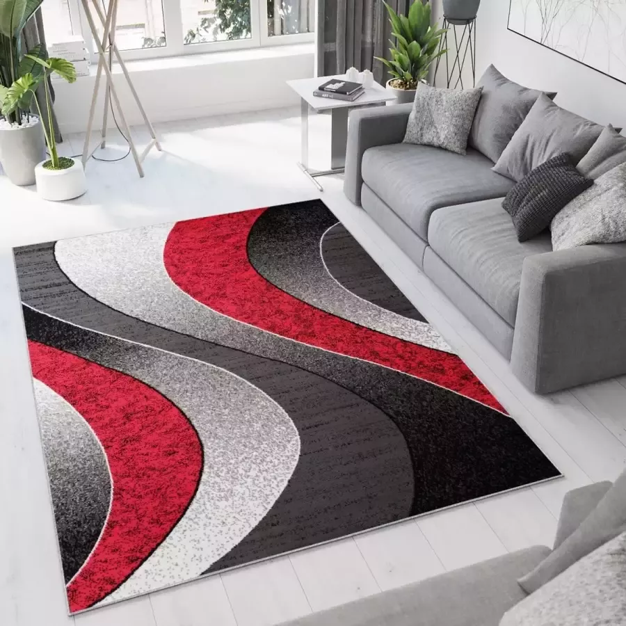Tapiso Luxury Vloerkleed Grijs Rood Modern Woonkamer Tapijt Maat- 160x220