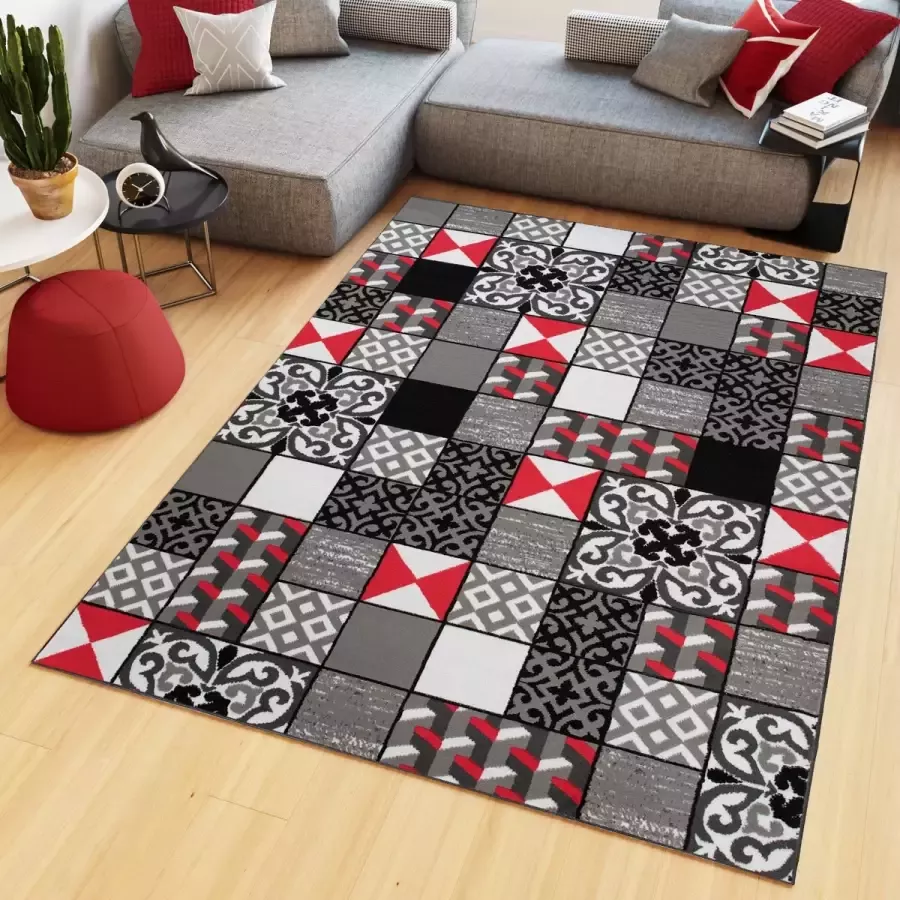 Tapiso Maya Vloerkleed Grijs Rood Laagpolig Tapijten Maat- 200x250