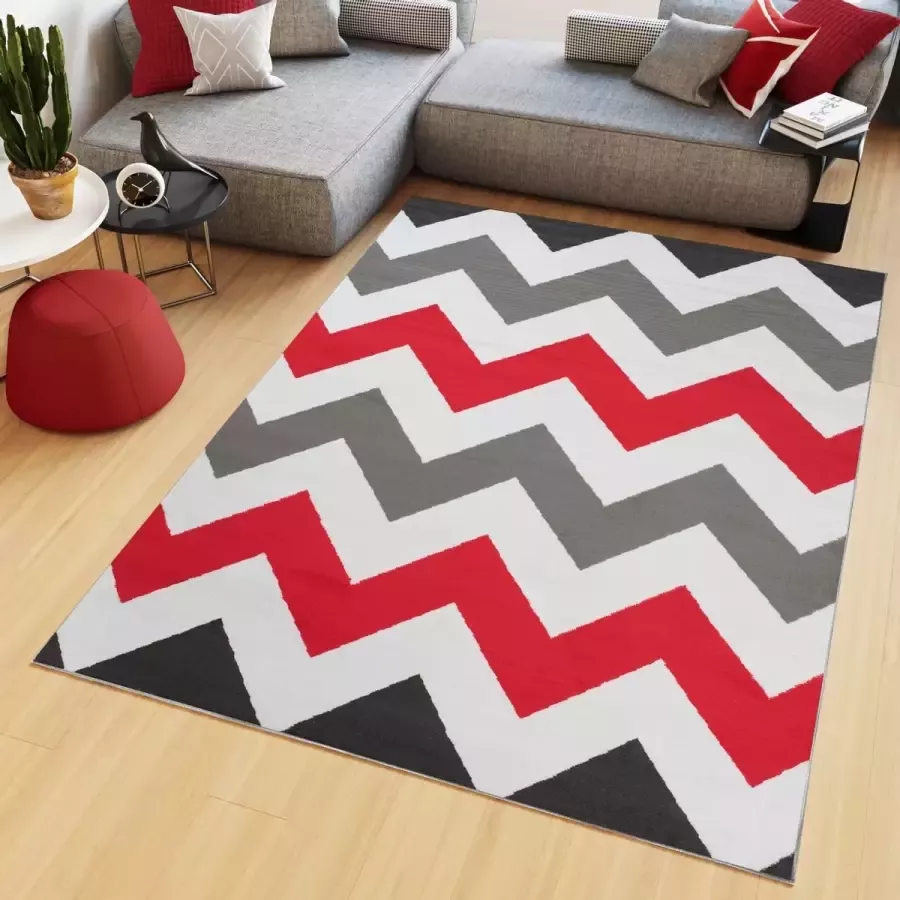 Tapiso Maya Vloerkleed Grijs Rood Laagpolig Zigzag Tapijten Maat- 220x300