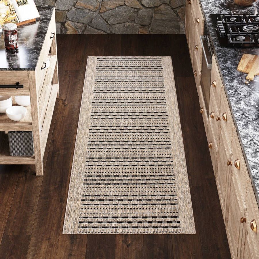 Tapiso Melissa Loper Laagpolig Beige Bruin Indoor Outdoor Vloerkleed Maat- 80x200