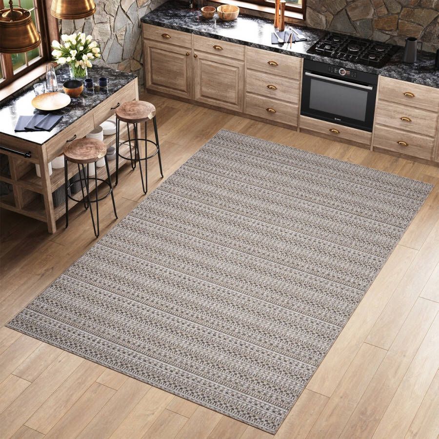 Tapiso Melissa Vloerkleed Bruin Creme Binnen Buiten Keuken Laagpolig Tapijt Maat- 200x290