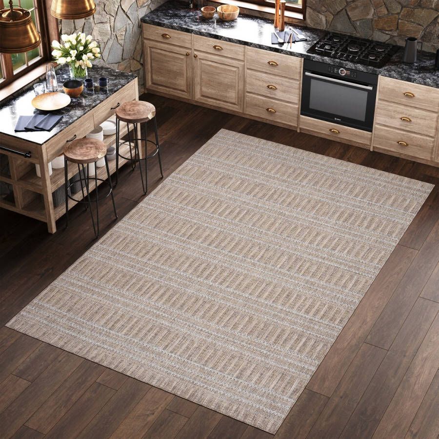 Tapiso Melissa Vloerkleed Bruin Creme Indoor Outdoor Keuken Laagpolig Tapijt Maat- 120x170