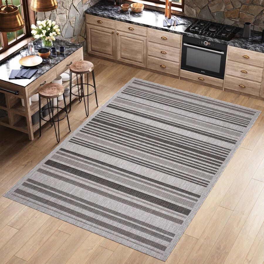 Tapiso Melissa Vloerkleed Grijs Binnen Buiten Keuken Gestreept Laagpolig Tapijt Maat- 60x100 - Foto 2