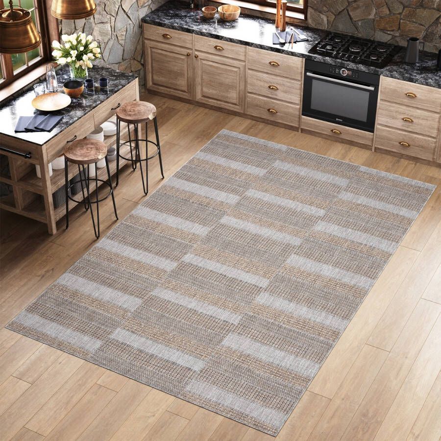 Tapiso Melissa Vloerkleed Lichtgrijs Bruin Binnen Buiten Keuken Laagpolig Tapijt Maat- 200x290