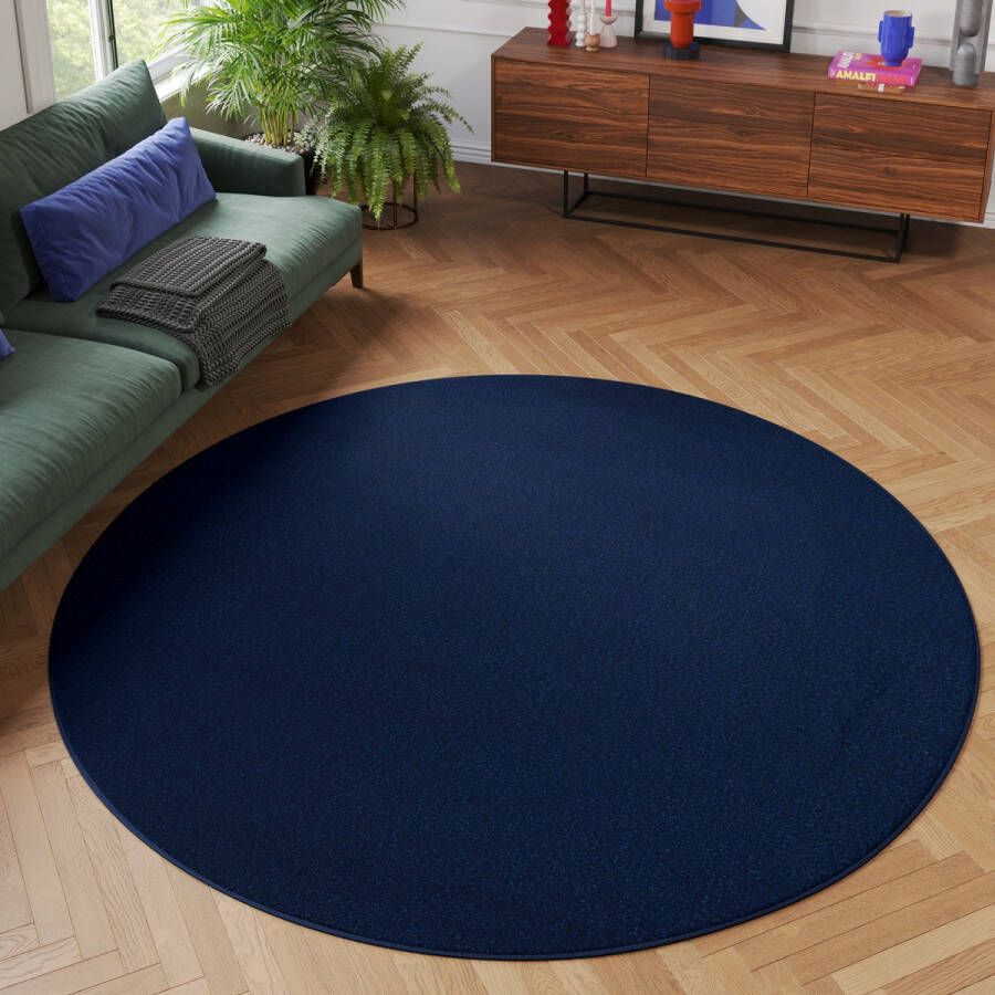 Tapiso Mono Rond Vloerkleed Navy Laagpolig Effen Tapijt Maat- 120x120